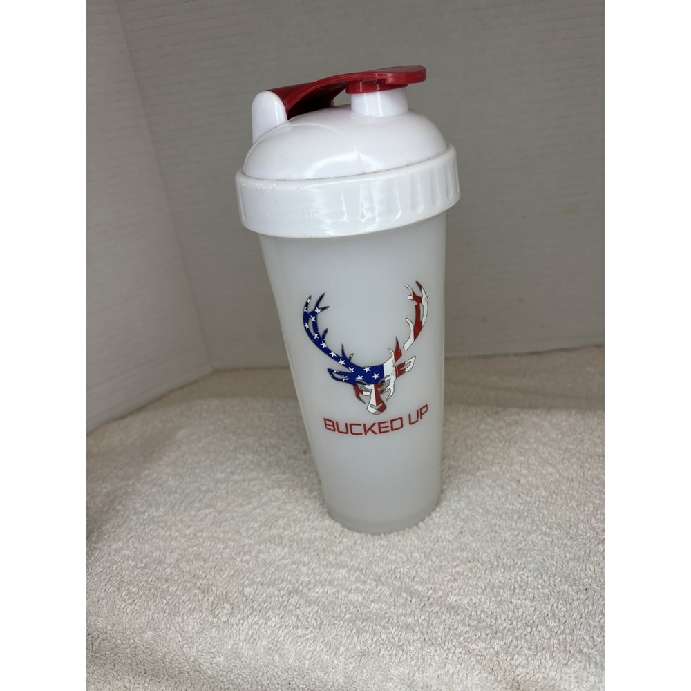 Bucked Up Perfect Shaker 28 oz White with USA Flag Deer head Logo